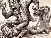 DALL·E 2025-01-20 01.00.23 – A caricature-style line drawing depicting a journalist in an exaggerated, dramatic pose angrily grabbing and pretending to strangle a cameraman who is