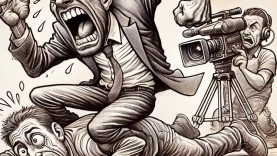 DALL·E 2025-01-20 01.00.23 – A caricature-style line drawing depicting a journalist in an exaggerated, dramatic pose angrily grabbing and pretending to strangle a cameraman who is