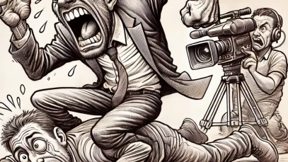 DALL·E 2025-01-20 01.00.23 – A caricature-style line drawing depicting a journalist in an exaggerated, dramatic pose angrily grabbing and pretending to strangle a cameraman who is