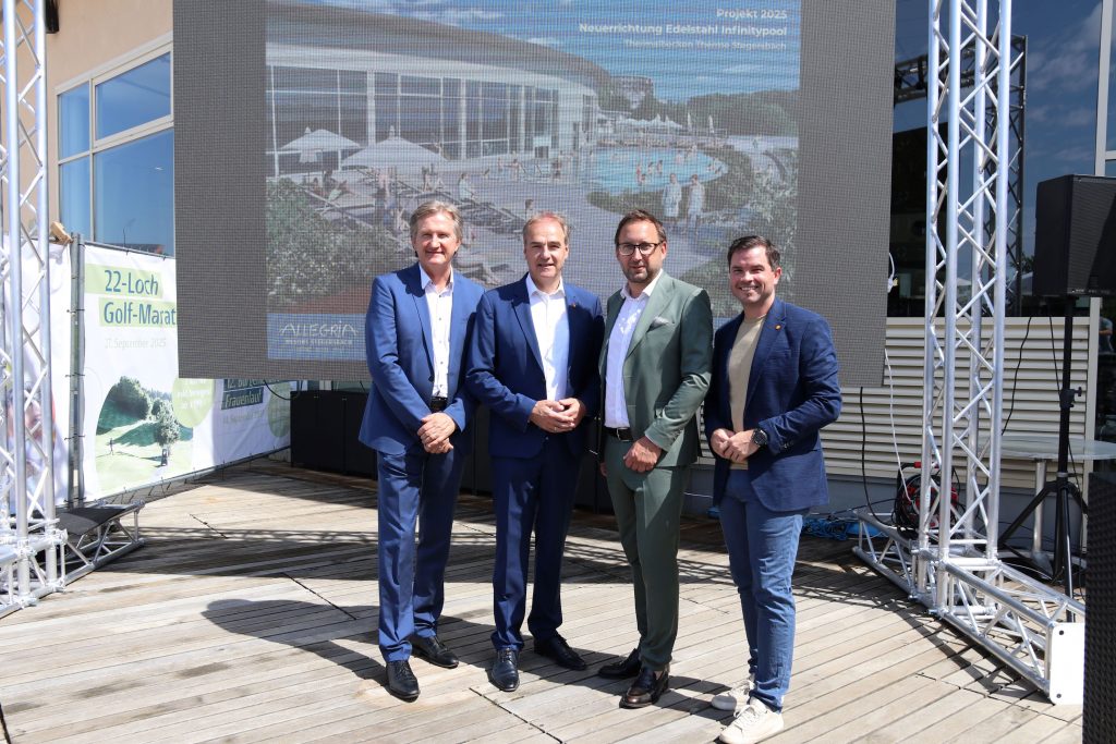Neuer Außenbereich und Sommerprogramm im Allegria Resort Stegersbach 
Markus Bauer (Planungsbüro), GMF-Geschäftsführer Thomas Meier, General Manager und Prokurist Marcel Pomper, Landesrat Leonhard Schneemann, Bürgermeister Jürgen Dolesch, Michael Bäuml, Projekt- und Kaufmännischer Leiter der GMF und Michael Horn (Geschäftsführer Konstruktiva Bau).
