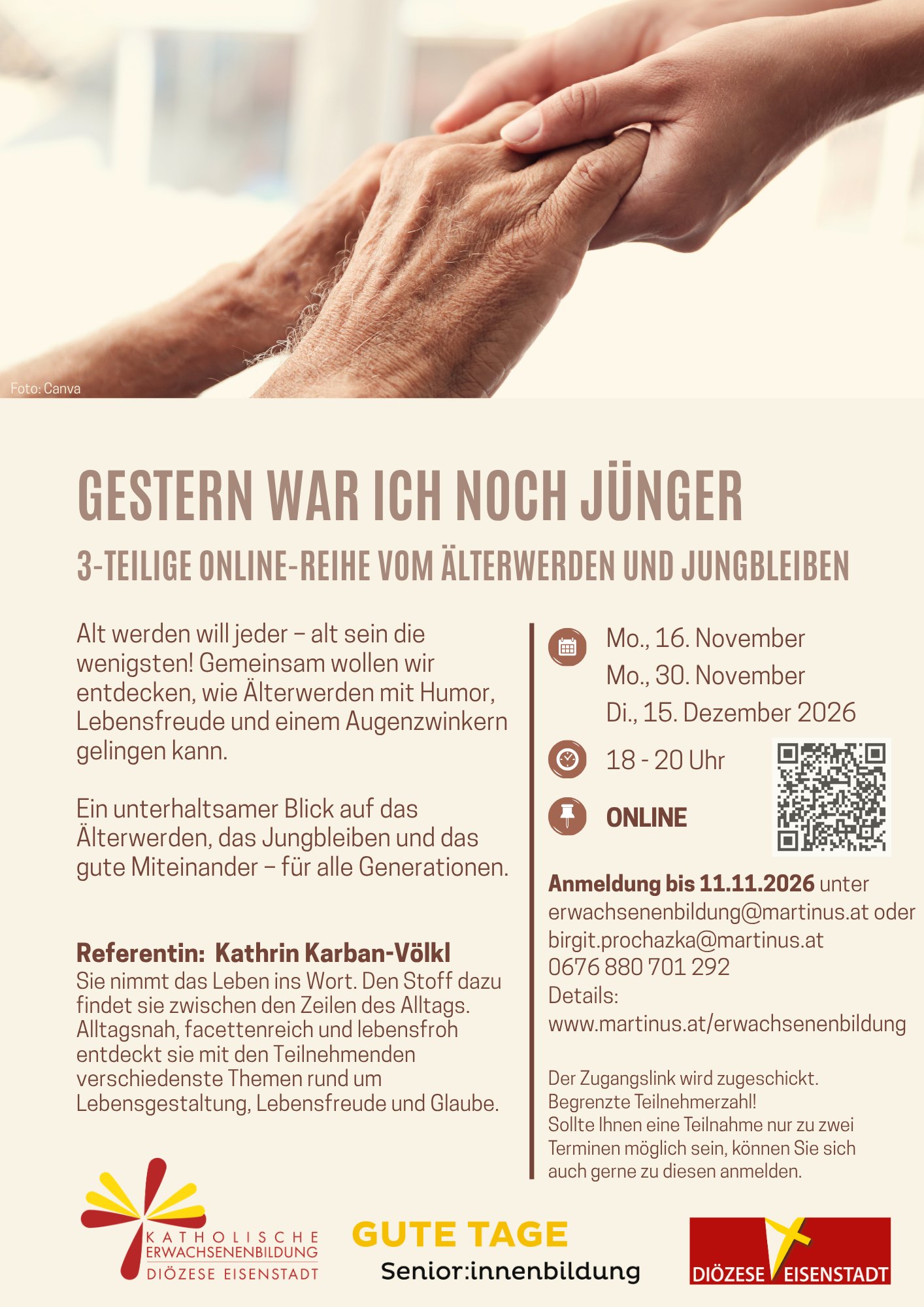 Flyer der Online-Reihe Gestern war ich noch jünger der Katholischen Erwachsenenbildung Diözese Eisenstadt mit Händen von Jung und Alt, Termine 16. und 30. November sowie 15. Dezember 2026